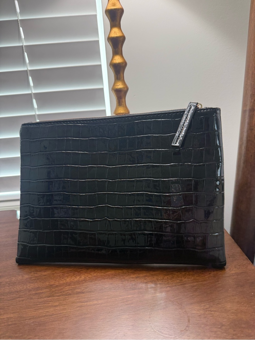Faux Black Croc-Embossed Zip Pouch/Bag